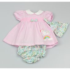 GF1019: Baby Girls 3 Piece Smocked Dress, Floral Pant & Bandanna Set  (0-9 Months)
